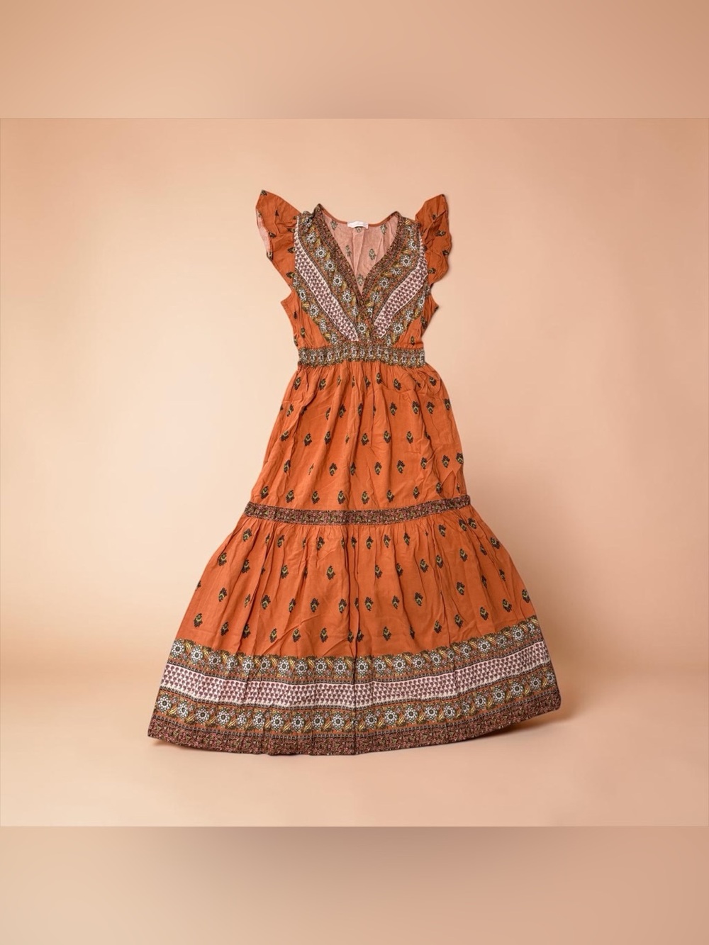 Ces Femme Burnt Orange Maxi Dress with Floral Border - Picture 8 of 9
